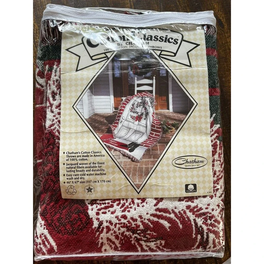 Vintage Chatham Woven Tapestry Throw Season's Greetings Cotton Blanket